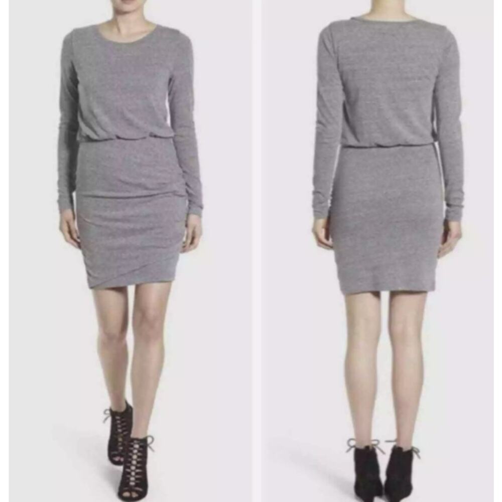 Leith Blouson Dress Womens Sz Large Gray Long Sleeve Knee Length Ruched Skirt
